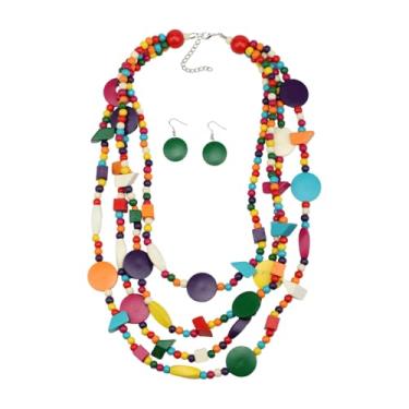 Imagem de Conjunto de brincos de colar com contas coloridas para mulheres, madeira, étnico, tribal, multifios, ousado, boêmio, festival, joia, 22 inch, Madeira, Sem Pedra Preciosa