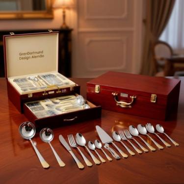 Imagem de Faqueiro Inox Luxo Dourado 84 Peças Design Alemão Banhado a Ouro 24K Com Maleta de Madeira