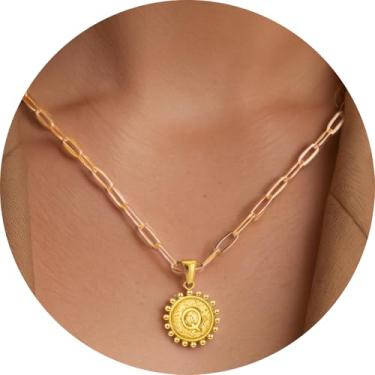 Imagem de Colar com pingente circular inicial A-Z, joia personalizada de aço inoxidável com bordas decorativas, adequado para mulheres, F, Aço inoxidável, Sem Pedra Preciosa