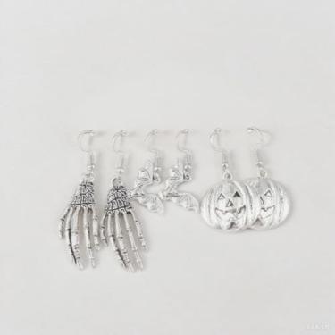 Imagem de 3 brincos de Halloween para mulheres, morcego, careta, abóbora, brincos pendurados, roupas de Halloween, acessórios de bijuteria de fantasia