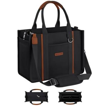 Imagem de BESBESME Bolsa feminina de lona com zíper e compartimentos – Bolsa tiracolo tiracolo com vários bolsos para laptop, Preto, Large, Organizador embutido