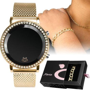 Imagem de Relogio Feminino Digital Aço Inox Strass + Colar + Pulseira Silicone Qualidade Premium Strass Social