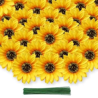 Imagem de GSYUWIH 100 peças de flores artificiais de girassol grandes, caule de flores de girassol, girassóis falsos de 10,4 cm, haste de flor artificial para buquês, eventos e decorações de casamento
