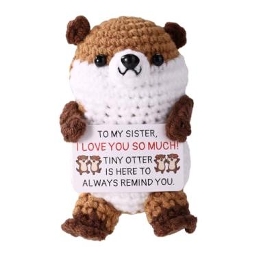 Imagem de Lontra positiva, linda lontra de crochê feita à mão com cartão de incentivo, pelúcia emocional, suporte positivo, brinquedo animal, boneca de tricô, presente de incentivo e decoração (estilo cartão de