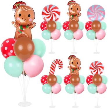 Imagem de 6 conjuntos de kit de suporte de balão de gengibre de Natal para mesa com bengala doce homem de gengibre balão de mesa para decoração de mesa de Natal com tema de Natal, aniversário, feriado de ano