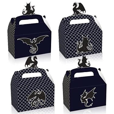 Imagem de 12 caixas de lembrancinhas de festa de dragão, caixas de papel portáteis de papelão de presente de dragão preto, sacolas de lembrancinhas de festa de aniversário com tema de dragão, perfeitas para
