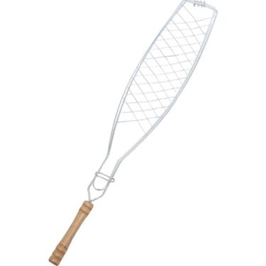 Imagem de Ioensy Cesto para grelhar peixe com cabo de madeira, utensílio de cozinha portátil, premium, grelha para peixe, churrasqueira para uso externo, Alça Redonda
