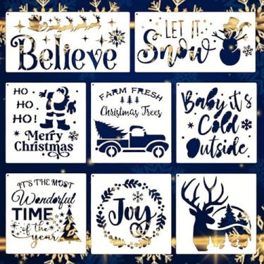 Imagem de Estênceis de Natal para artesanato, reutilizáveis, 8 peças, rena, Papai Noel, boneco de neve, enfeites de desenho, modelos de desenho, estênceis para pintura em madeira, caixa de presente, confecção