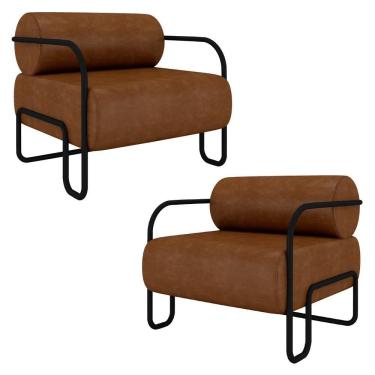 Imagem de Poltrona Decorativa Para Sala Industrial Kit 2 Kira K04 Sintético Marrom - Mpozenato