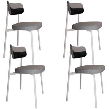 Imagem de Kit 04 Cadeiras Estofada Para Sala De Jantar Astrid Branco C01 Linho Cinza Courino Preto - Lyam Decor