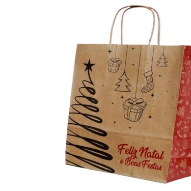 Imagem de Sacola Papel Kraft Alça PP, P, M e G 50und lembrancinha presente Natal caixa sapato pardo natural Feito c/Amor(G FELIZ NATAL)