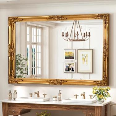 Imagem de Chende Espelho de parede decorativo dourado 61 x 91 cm, espelho barroco para sala de estar com moldura de madeira, decoração de madeira ornamentada antiga para mesa e parede, sala de estar, entrada