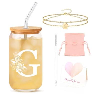 Imagem de DAMCONME Presentes de formatura para ela 2025, conjunto de presente de graduação universitária personalizado - copos de vidro iniciais com tampas e canudos, pulseira de coração - presentes exclusivos