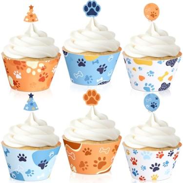 Imagem de Pajean 60 peças de enfeites e envoltórios de cupcake de pata azul, decorações de cupcake de pata de cachorro para animais de estimação, tema de cachorro, aniversário, chá de bebê, decoração de festa
