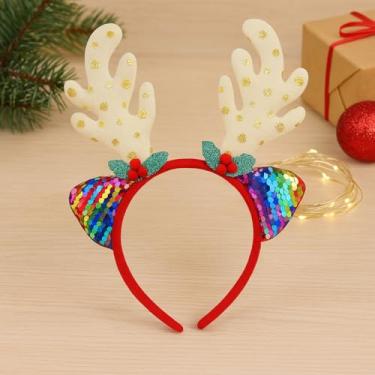 Imagem de Tiara de árvore de Natal com glitter, argola de cabelo de chifre de rena para festas de fim de ano, acessórios de fantasia de Natal para mulheres (bege)
