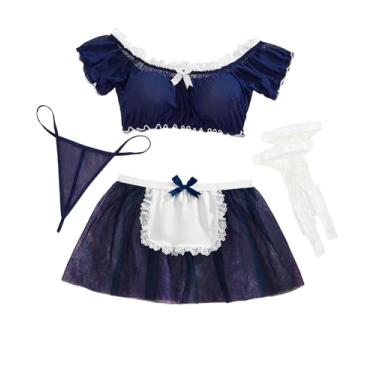 Imagem de Aranmei Conjunto de fantasia feminina de empregada doméstica de 4 peças com saia de avental de renda e meias arrastão para festa de cosplay de Halloween, Azul, M