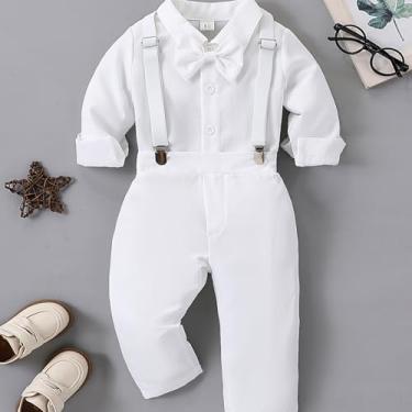 Imagem de Roupa de Natal infantil infantil para meninos e meninos, camisa listrada com gravata borboleta + calça suspensória longa, macacão-9-12M