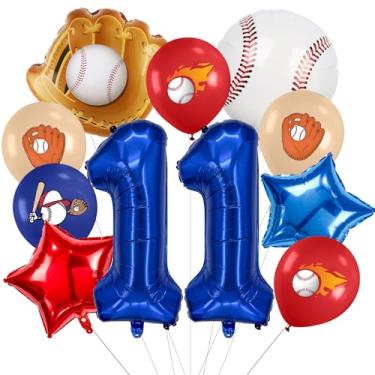 Imagem de Zailo Número de balões grandes com tema de beisebol de 81 cm, números de 0 a 9, suprimentos para aniversários, azul marinho, vermelho e branco, artigos de festa esportiva, conjunto de arco decorativo