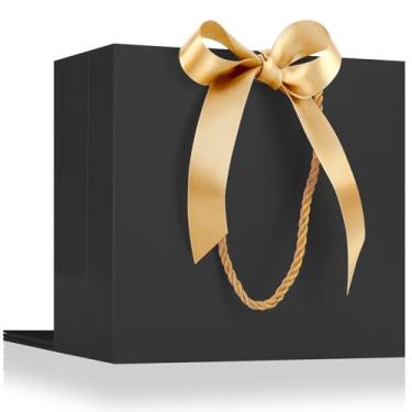 Imagem de EUSOAR Sacos de presente pretos, 3 peças de 21,8 x 9,9 x 17,8 cm, sacos de papel Kraft de agradecimento com alças de fita de laço, sacola de presente a granel para festa de casamento, lembrancinhas