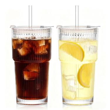 Imagem de Guwithlu Copos de vidro com nervuras de 590 ml com tampas e canudos - Conjunto de 2 peças de vidro, copo com canudo e tampas de café gelado para suco, chá de bolhas, bebida fria, refrigerante