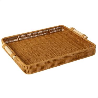 Imagem de Bandeja Decorativa Tramada Estilo Vime com Alças em Bambu Natural – Para Chá, Café, Sala de Estar, Restaurante, Aparador e Decoração Rústica ou Boho Sanfé (Palha)