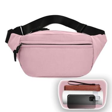 Imagem de Pochete com 2 zíperes para homens e mulheres, bolsa transversal à prova d'água de grande capacidade com alça ajustável, bolsa de quadril moderna para viajar ao ar livre, treino, corrida casual, rosa