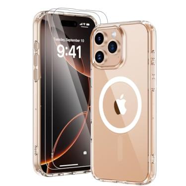 Imagem de Yunjews Capa para iPhone 16 Pro Max, capa protetora magnética fina e transparente (compatível com MagSafe), proteção antiamarelamento à prova de choque de grau militar, com 2 protetores de tela