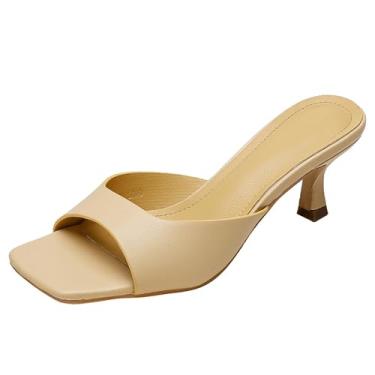 Imagem de ZGHNP Sandália feminina de salto gatinho com bico aberto quadrada, sexy, sem cadarço, salto stiletto, mules, casual, festa, formatura, dança, vestido, Amarelo, 37