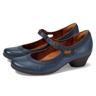 Imagem de SHODENSE - Sandália social retrô de salto grosso, bico redondo, tira no tornozelo, 5 cm, salto Mary Janes, fosco, dois tons, fivela retrô, Azul-marinho, 37 BR