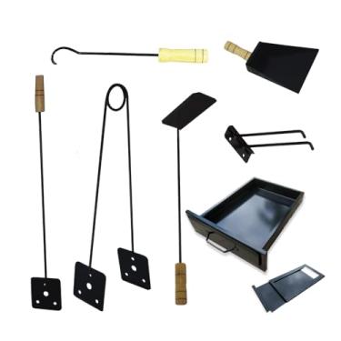 Imagem de Kit Completo de Acessórios para Fogão a Lenha, 8 Peças, Aço Carbono Preto com Cabo de Madeira, Inclui Puxador, Cinzeiro, Registro, Pazinha e Pegadores