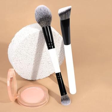 Imagem de 2 pincéis de maquiagem multifuncionais para misturar e aplicar cores com um acabamento macio e sem costura que não desperdiça pó (branco preto)