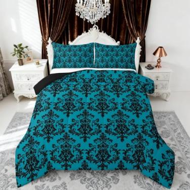 Imagem de Conjunto de edredom infantil damasco preto turquesa, tamanho solteiro, vintage gótico, renda, estampa floral, reversível, para quarto de adolescentes, estilo boêmio, barroco vitoriano, antigo, com 1