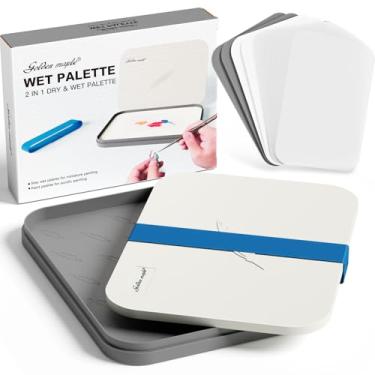 Imagem de Palete molhada para pintura de miniaturas - paleta seca e molhada 2 em 1 de bordo dourado com tampa, 100 peças de papel de paleta, 4 esponjas, suportes de pincéis de pintura