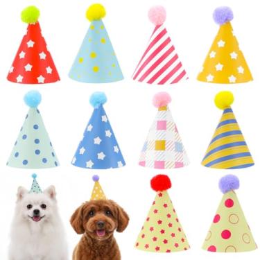Imagem de 10 mini chapéus de festa coloridos, lindos chapéus de festa de cachorro com pompons para gatinhos, coelhos, cães e animais de pelúcia, chapéu de cone ajustável para aniversários e celebrações
