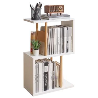 Imagem de Aibiju Mesa auxiliar estreita com prateleira de armazenamento aberta, mesa auxiliar em forma de S, mesa de cabeceira de 3 níveis, 60 cm de altura, mesa de sofá para espaços pequenos, branco YD-ST003W