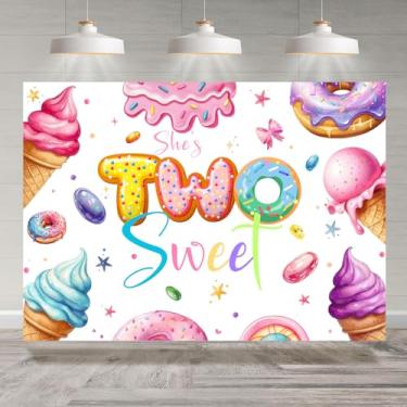 Imagem de Rsuuinu Pano de fundo para meninas 2º aniversário sorvete polvilhado Donut fundo fotográfico 2,1 x 1,5 m, decorações de festa de segundo aniversário, banner de mesa de bolo, adereços de cabine de
