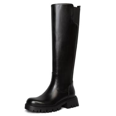 Imagem de Botas de cano alto femininas com plataforma elástica na panturrilha para mulheres, sola saliente, vestido confortável, longo, bico redondo, zíper lateral, salto grosso, Preto-elástico, 37
