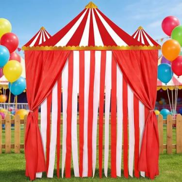 Imagem de Tingjoo 4 peças de decoração de festa de circo de carnaval, cenários de poliéster listrados vermelho e branco para decoração de circo de carnaval, fundo de fotografia de festa de aniversário (borla)