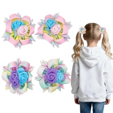 Imagem de YAFIYGI 4 peças de laços de cabelo arco-íris para meninas, grampos de cabelo de flores coloridas, acessórios de laço, laços fofos com clipe para crianças, meninas, penteados e roupas