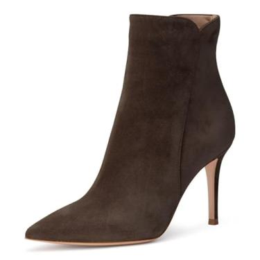 Imagem de JANSEVEN Botas femininas de salto alto, salto alto, bico fino, confortável, sexy, clássica, botas curtas, Camurça chocolate, 37