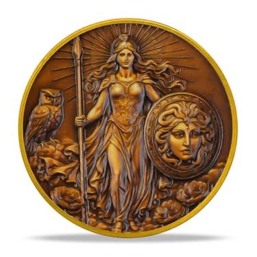 Imagem de Moeda Athena Shield Challenge – Design de alto relevo, símbolo de sabedoria e bravura, deusa grega antiga da guerra e inteligência, símbolo inspirador da mitologia