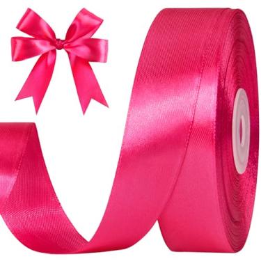 Imagem de CLUEWR Fita de cetim rosa choque de 2,5 cm, rolo de fita de tecido sólido para buquês de flores, embrulho de presente, casamento, artesanato artesanal