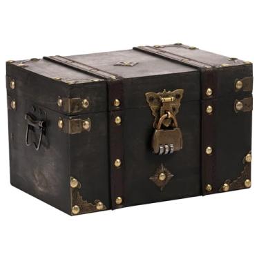 Imagem de Caixa de madeira vintage, 22 x 15 x 13,5 cm, caixa de armazenamento pirata cinza com fechadura, baú de tesouro decorativa para joias, cartão, quarto, cômoda, bancada
