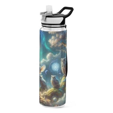 Imagem de ODAWA Garrafa de água transparente Magical Owls com canudo e alça 940 ml Garrafa esportiva Tritan de 1 litro