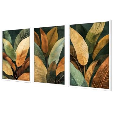 Imagem de Pinturas Quadros Decorativos com Moldura Sala Quarto Trio Natureza Pintura Floral O Cores das Folhas Decoração Sala Exquisitamente Trabalhado e Esteticamente Agradável (Branco 50x70 Com Vidro)