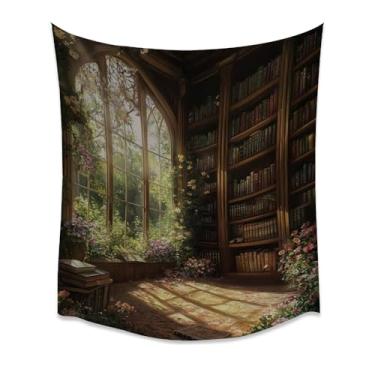Imagem de Tapeçaria de jardim com biblioteca iluminada pelo sol vintage Dark Academia livros janela leitura recanto decoração de parede para quarto estudo aconchegante casa estética branca 76 x 101 cm