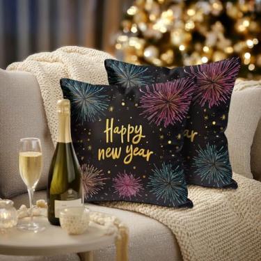 Imagem de HOMETITUTE Conjunto de 2 capas de almofada de linho feliz ano novo 45,7 x 45,7 cm ouro preto colorido fogos de artifício capas de almofada rústica casa de fazenda férias inverno fronhas para sofá cama