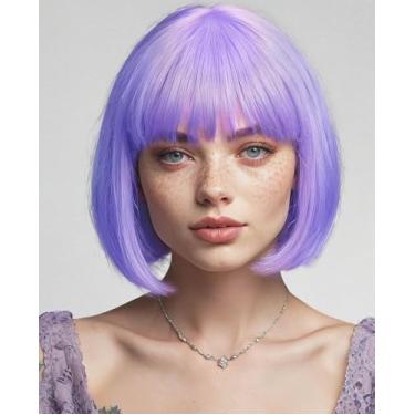 Imagem de Peruca curta roxa reta com franja para mulheres, peruca de cabelo sintético bob liso natural para meninas, cor roxa fantasia cosplay festa uso diário 25,5 cm