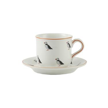 Imagem de London Pottery Copo e pires de padrão animal de fazenda para beber, canecas de café de cerâmica para bebidas de café especiais, latte, café mocha e chá, branco com ilustração animal (Puffin)