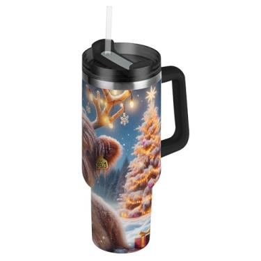 Imagem de Bonitos copos de vaca Highland de Natal com tampas e canudo a vácuo copo de 1,134 g com alça garrafa de água isolada caneca de café quente de aço inoxidável para carro